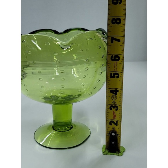 Vintage Bischoff Glass Hand Blown Green Compote Controlled Bubbles - Picture 9 of 11